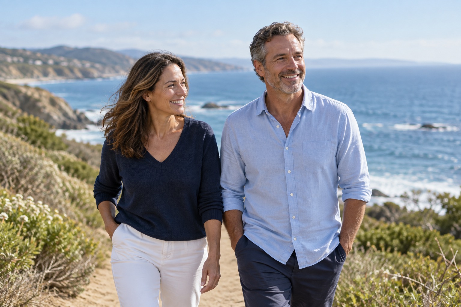 Two adults enjoying a relaxed walk along the coast